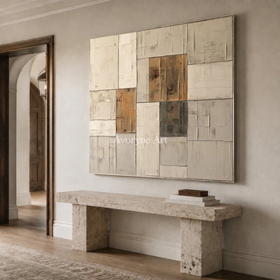 Ochre Assembly: Neutral Architectural Abstract Wall Art — entry silver