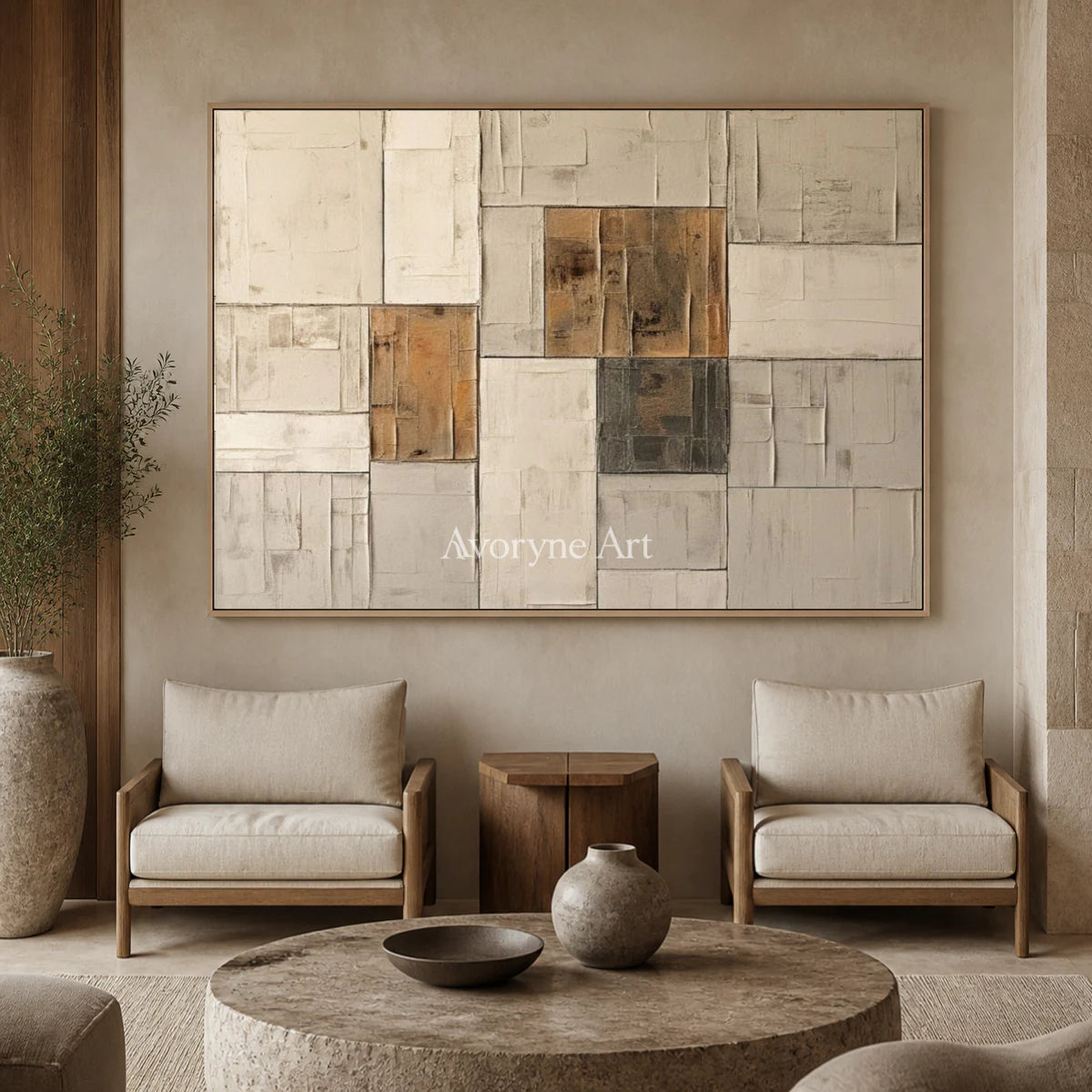 Ochre Assembly: Neutral Architectural Abstract Wall Art — hotel wood