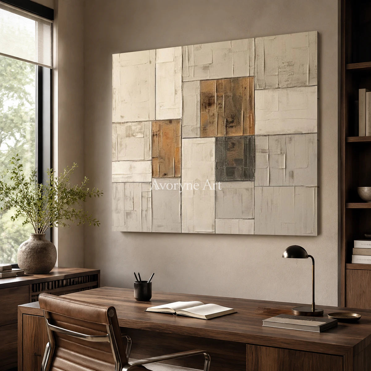 Ochre Assembly: Neutral Architectural Abstract Wall Art — office frameless