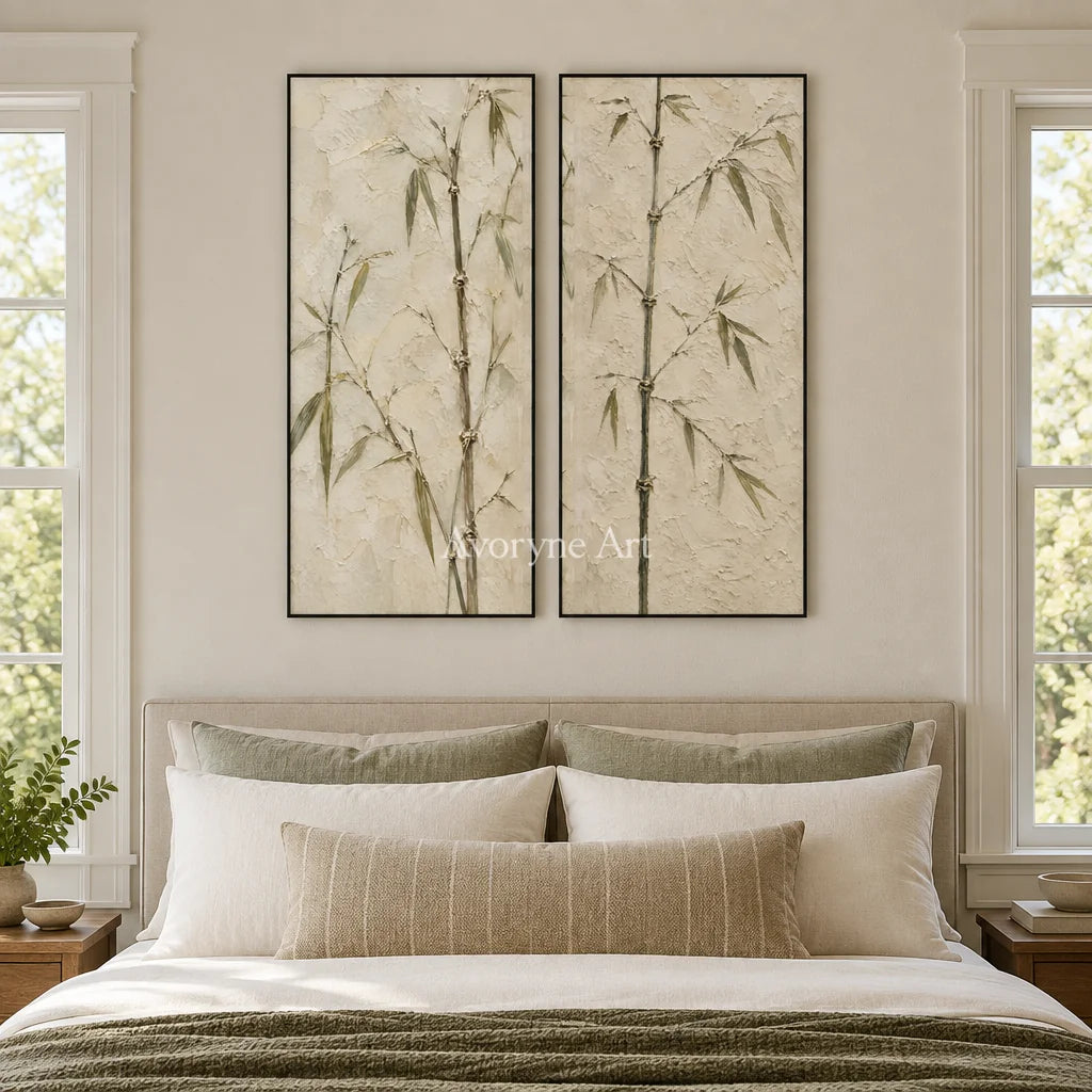 Bamboo Murmur: Neutral Bamboo Diptych Wall Art — bedroom black