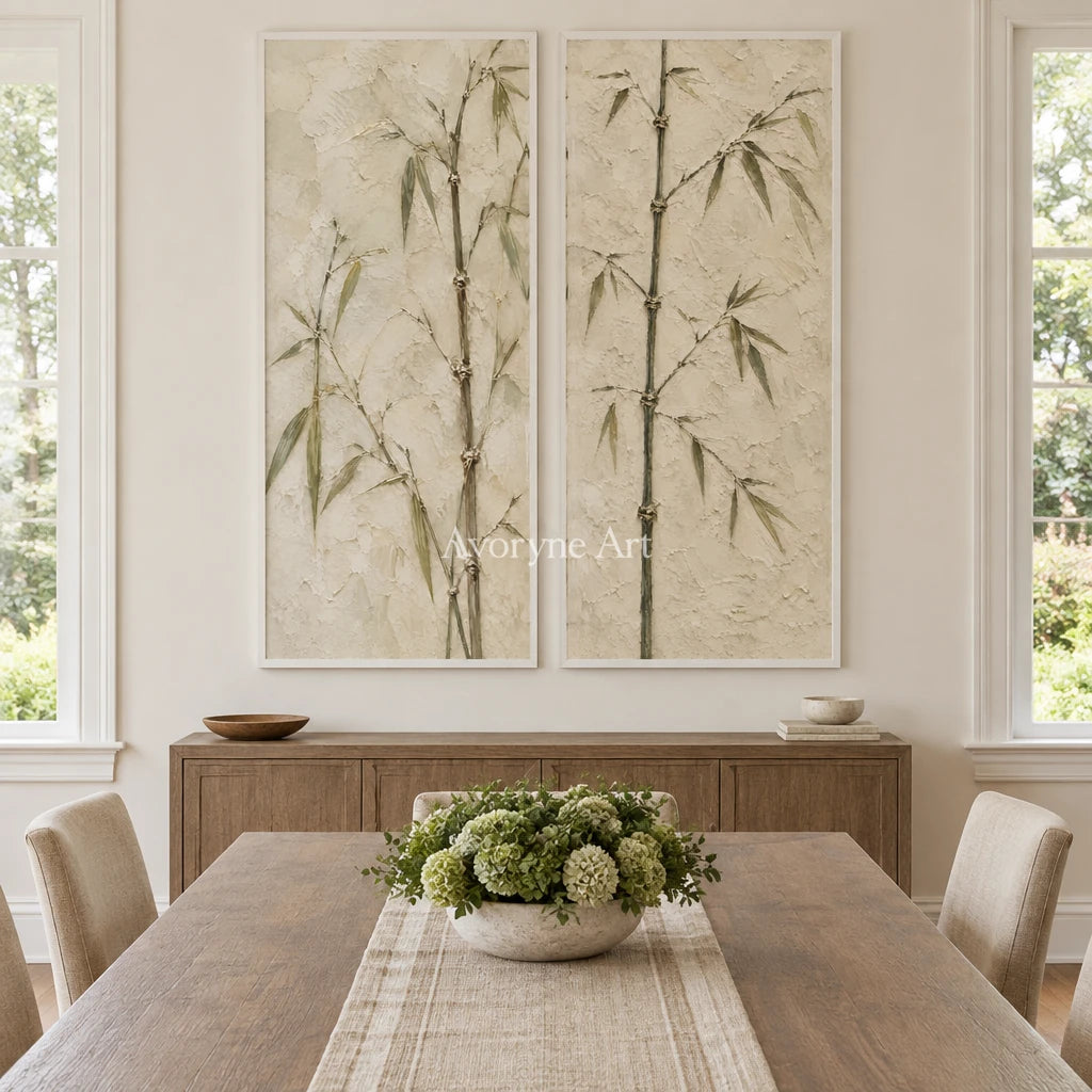 Bamboo Murmur: Neutral Bamboo Diptych Wall Art — dining white
