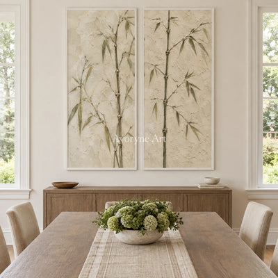 Bamboo Murmur: Neutral Bamboo Diptych Wall Art — dining white