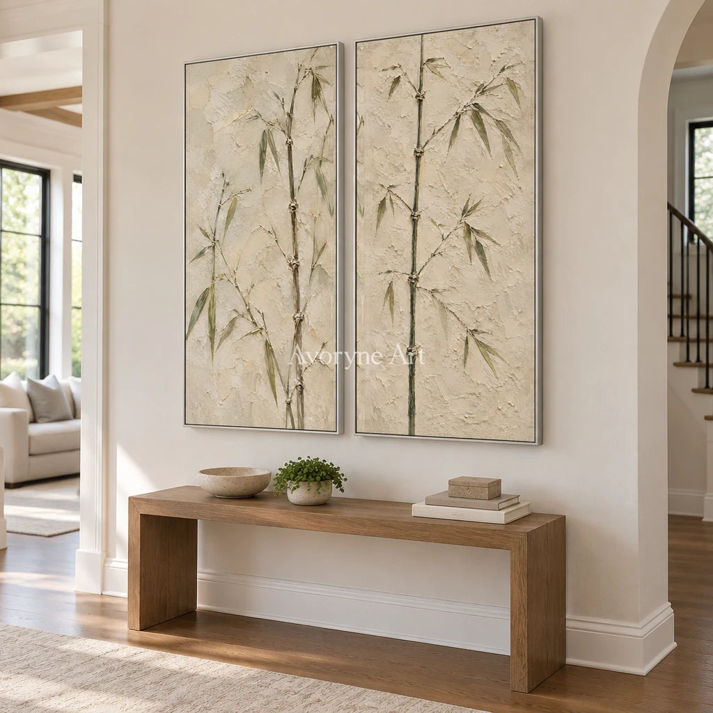 Bamboo Murmur: Neutral Bamboo Diptych Wall Art — entry silver