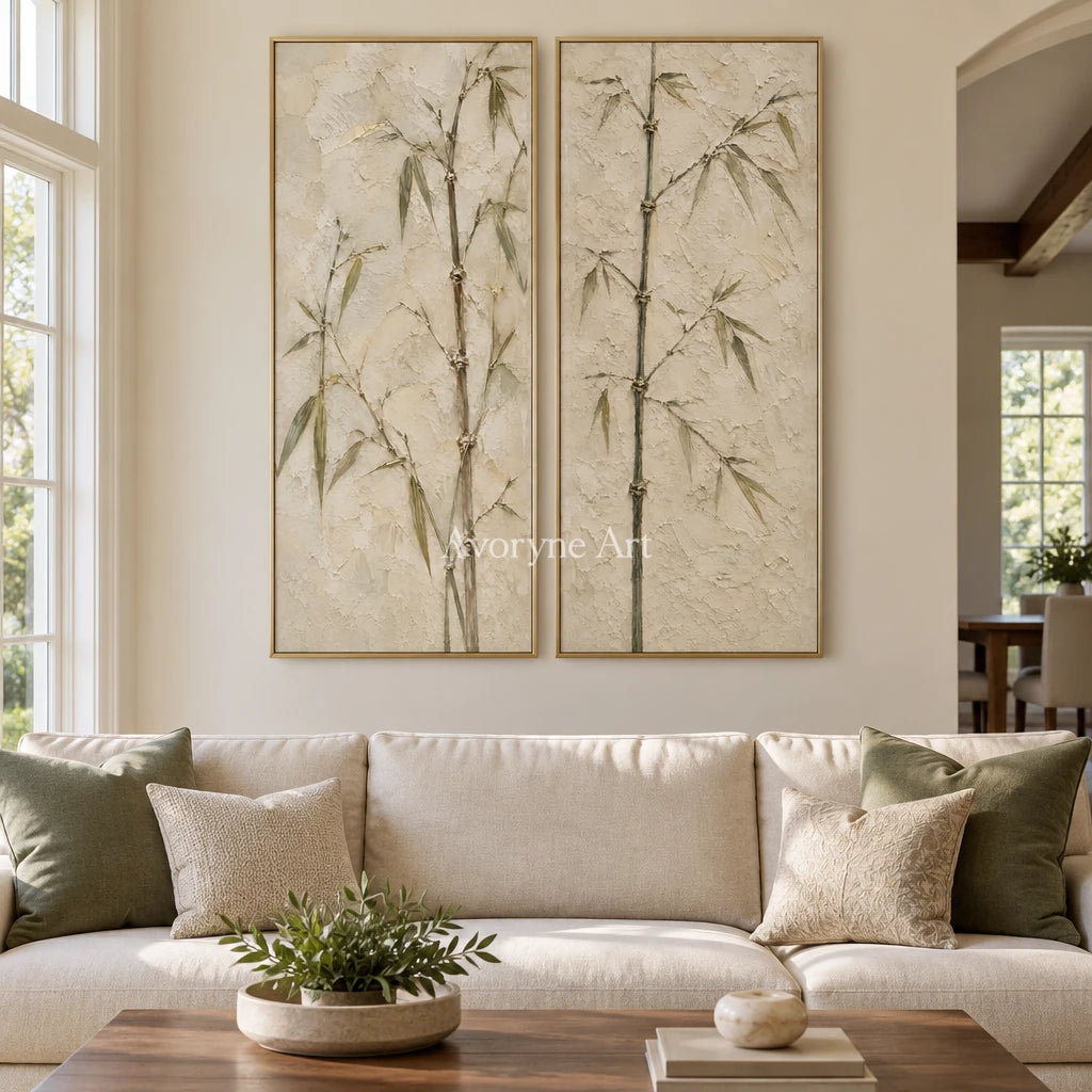 Bamboo Murmur: Neutral Bamboo Diptych Wall Art — living gold