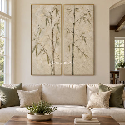 Bamboo Murmur: Neutral Bamboo Diptych Wall Art — living gold