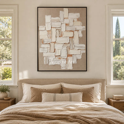 Misted Horizon neutral block relief wall art with a black frame above a bed in a bedroom