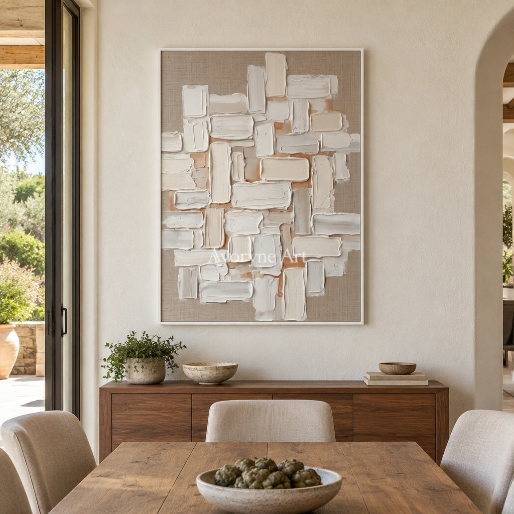 Misted Horizon neutral block relief wall art with a white frame in a dining room