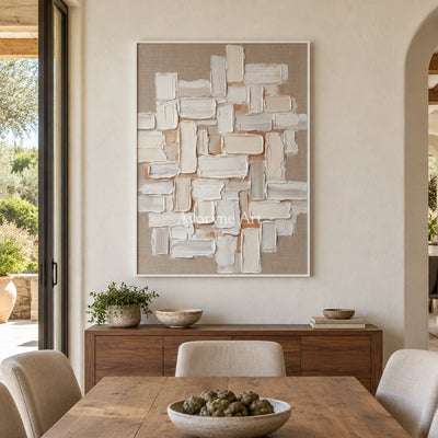 Misted Horizon neutral block relief wall art with a white frame in a dining room
