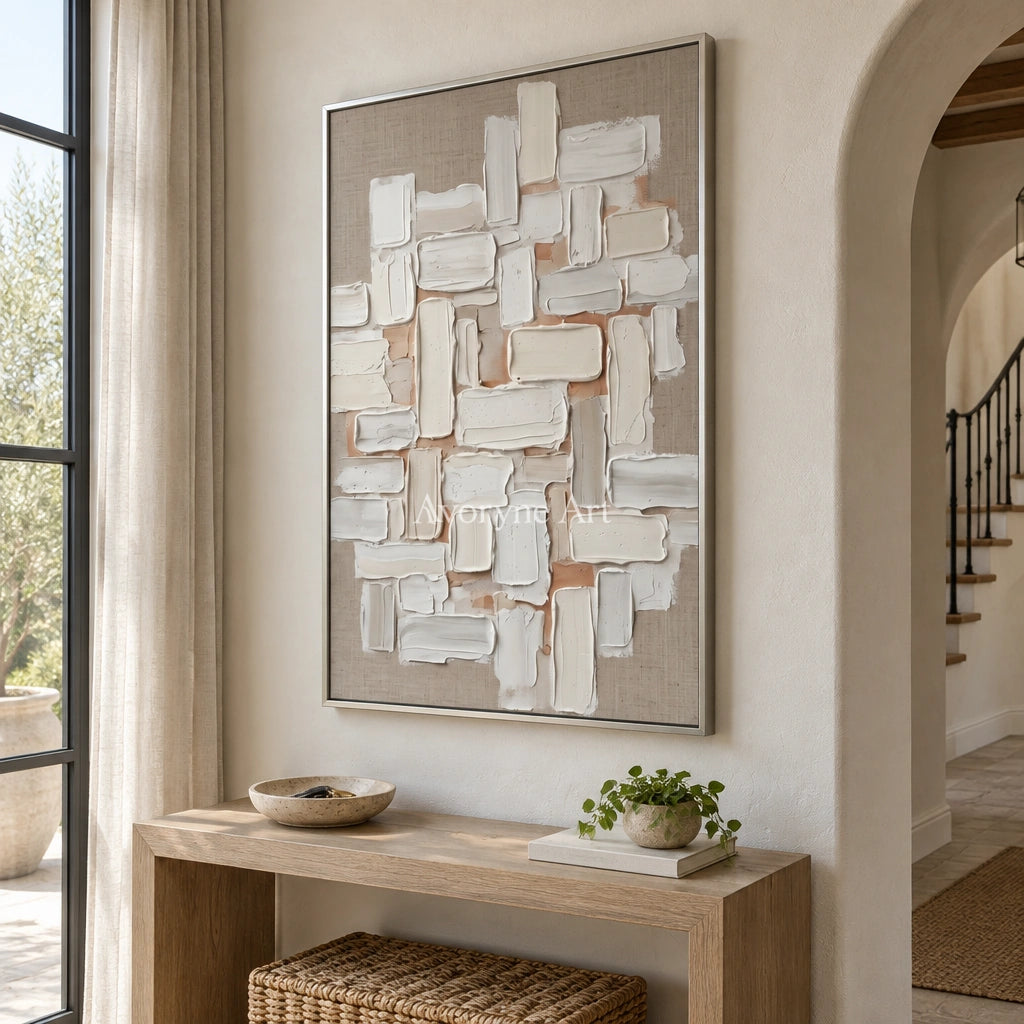 Misted Horizon neutral block relief wall art with a silver frame in an entryway
