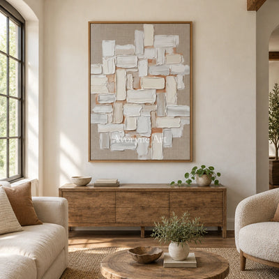Misted Horizon neutral block relief wall art with a wood frame in a villa living space