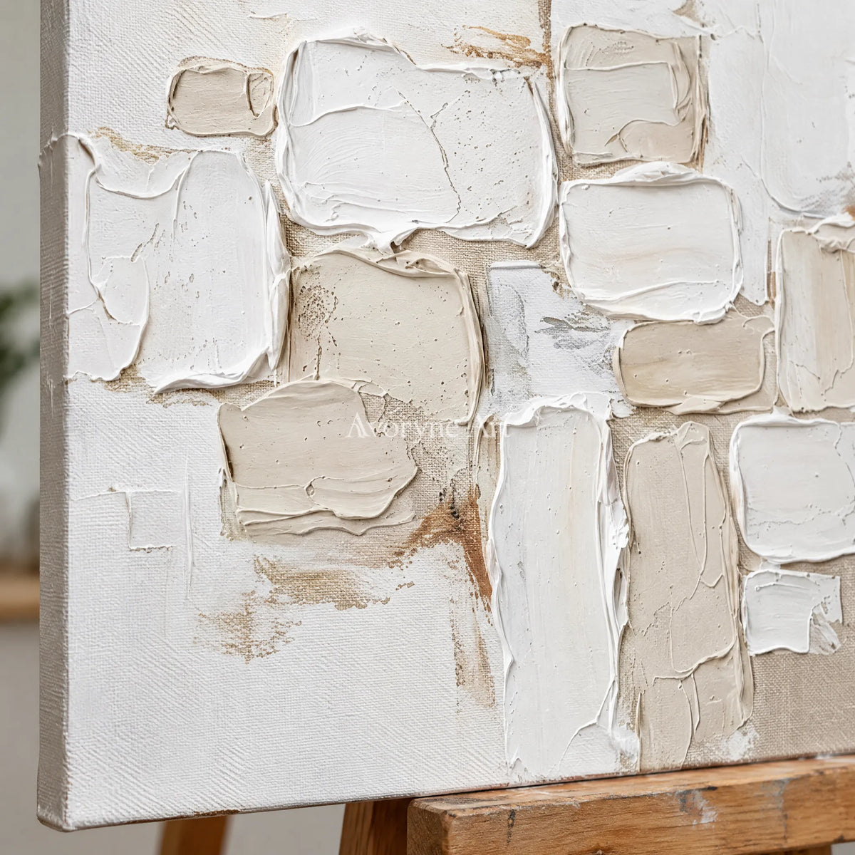 Close-up of the hand-painted texture of Misted Interval neutral block relief wall art on an easel