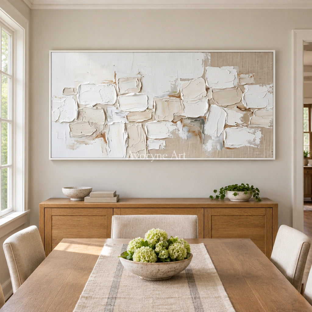 Misted Interval neutral block relief wall art with a white frame in a dining room