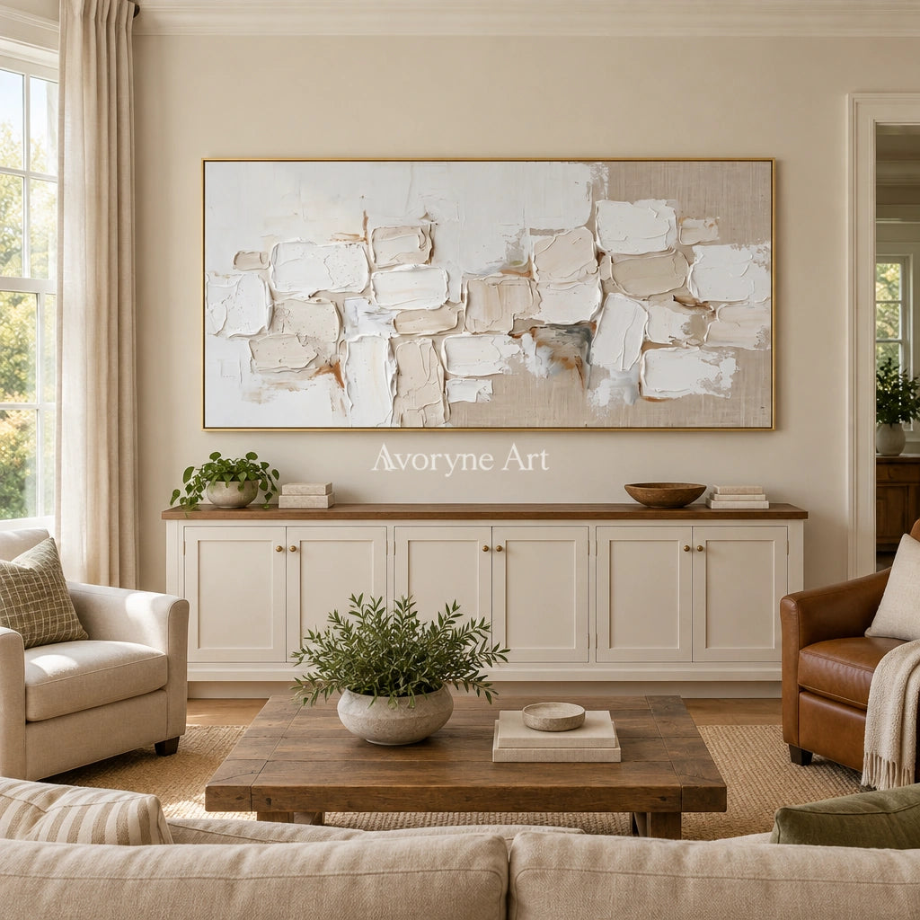 Misted Interval neutral block relief wall art with a gold frame hanging in a living room
