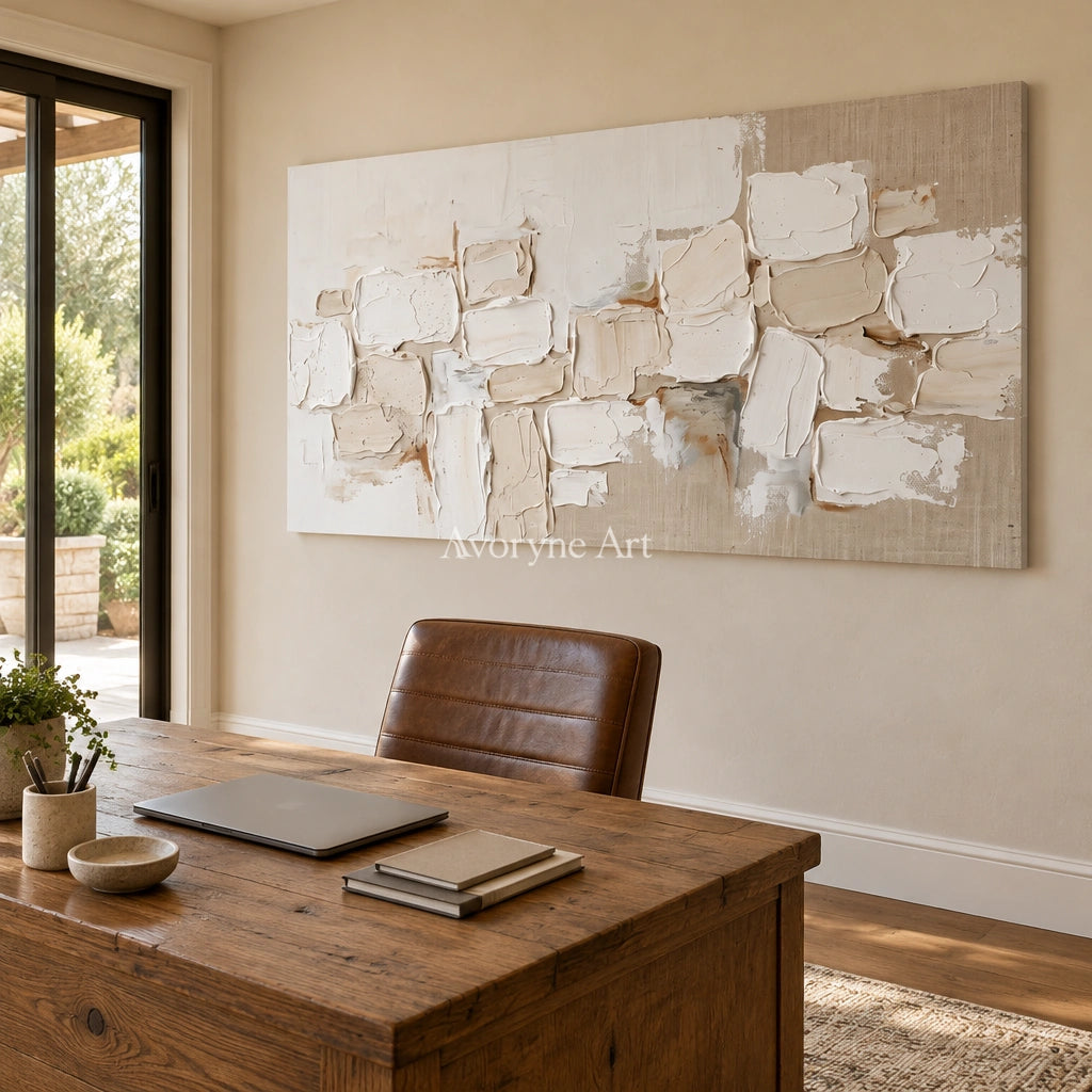 Misted Interval neutral block relief wall art as a frameless stretched canvas in a home office
