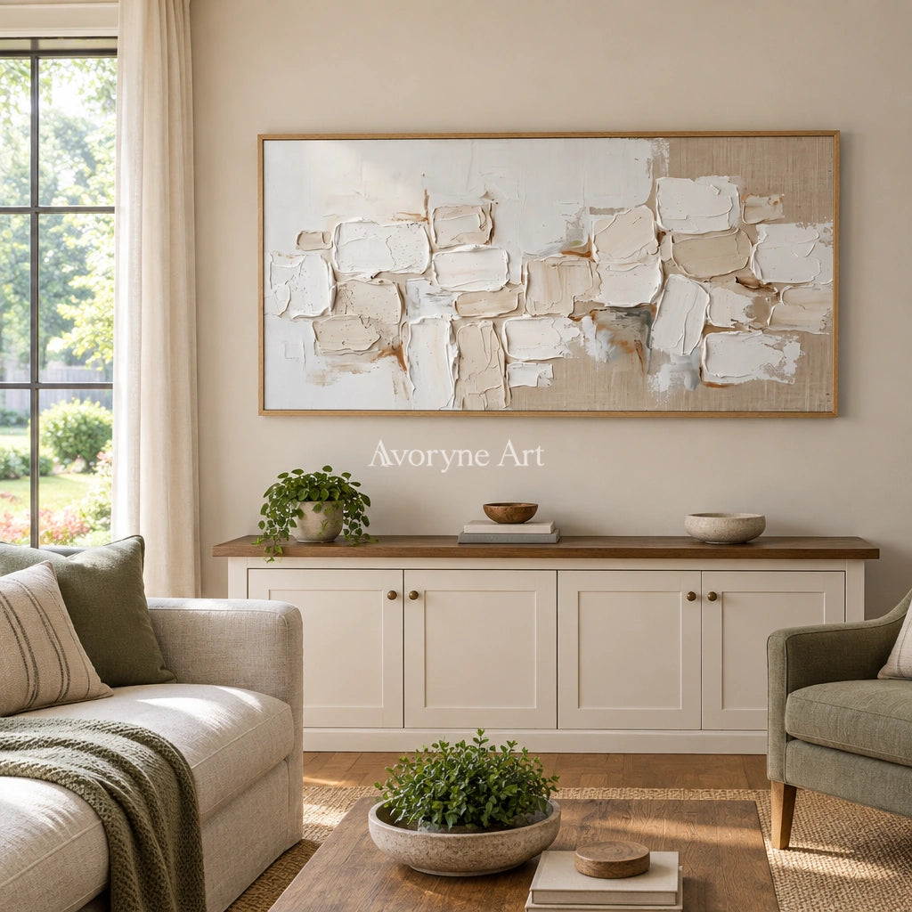 Misted Interval neutral block relief wall art with a wood frame in a villa living space