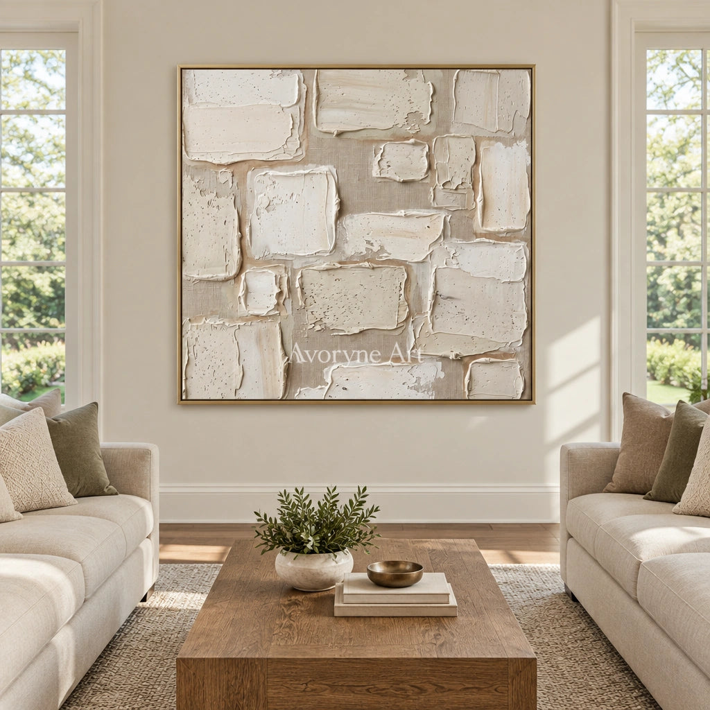 Misted Verse neutral block relief wall art with a gold frame hanging in a living room