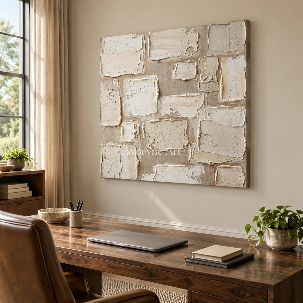Misted Verse neutral block relief wall art as a frameless stretched canvas in a home office