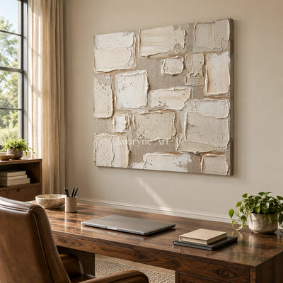 Misted Verse neutral block relief wall art as a frameless stretched canvas in a home office
