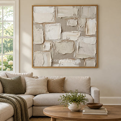 Misted Verse neutral block relief wall art with a wood frame in a villa living space