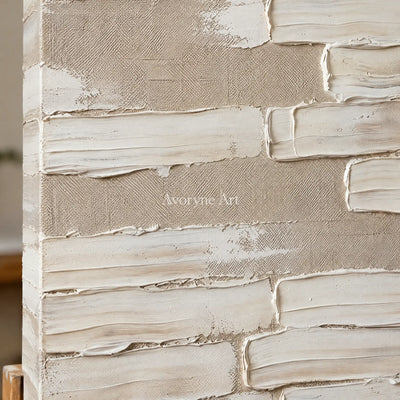 Close-up of the hand-painted texture of Misted Cadence neutral block relief wall art on an easel