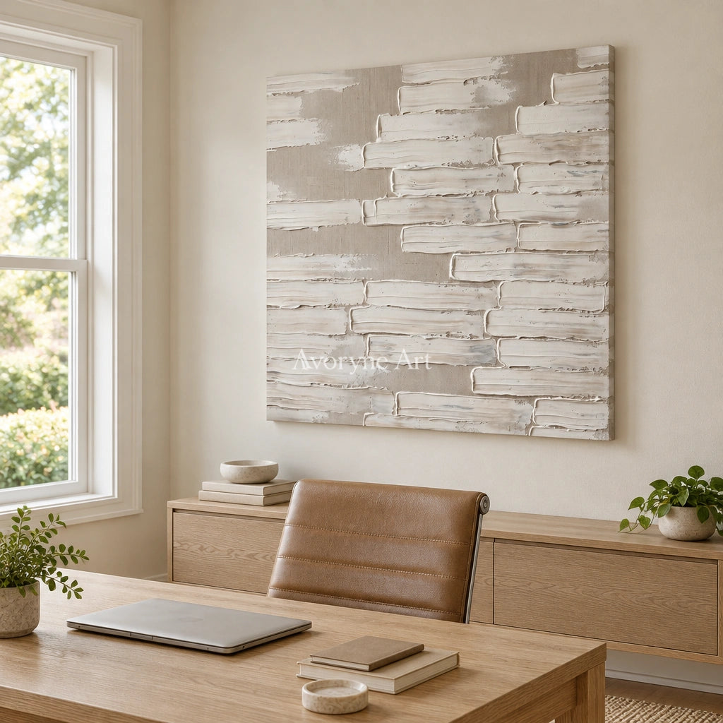 Misted Cadence neutral block relief wall art as a frameless stretched canvas in a home office