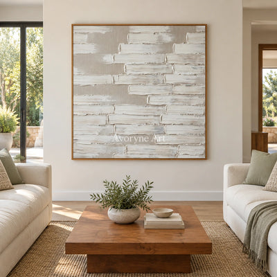 Misted Cadence neutral block relief wall art with a wood frame in a villa living space