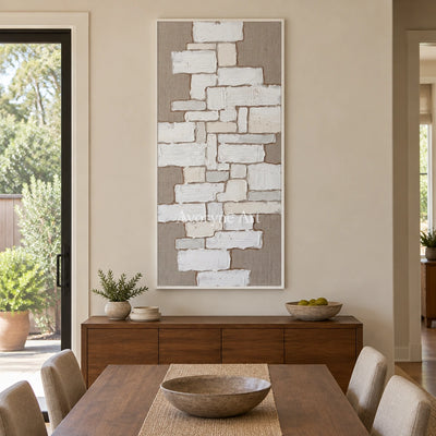 Misted Current neutral block relief wall art with a white frame in a dining room