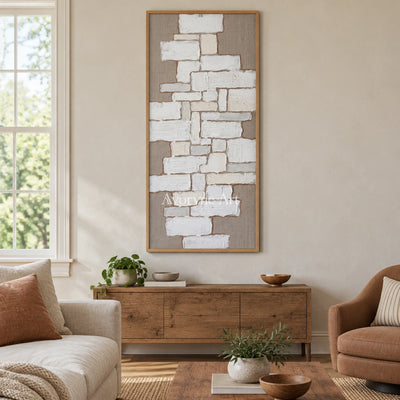 Misted Current neutral block relief wall art with a wood frame in a villa living space