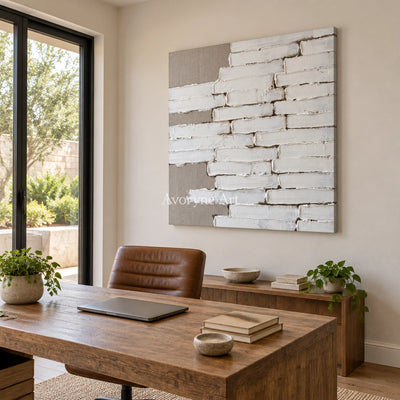 Misted Gesture neutral block relief wall art as a frameless stretched canvas in a home office