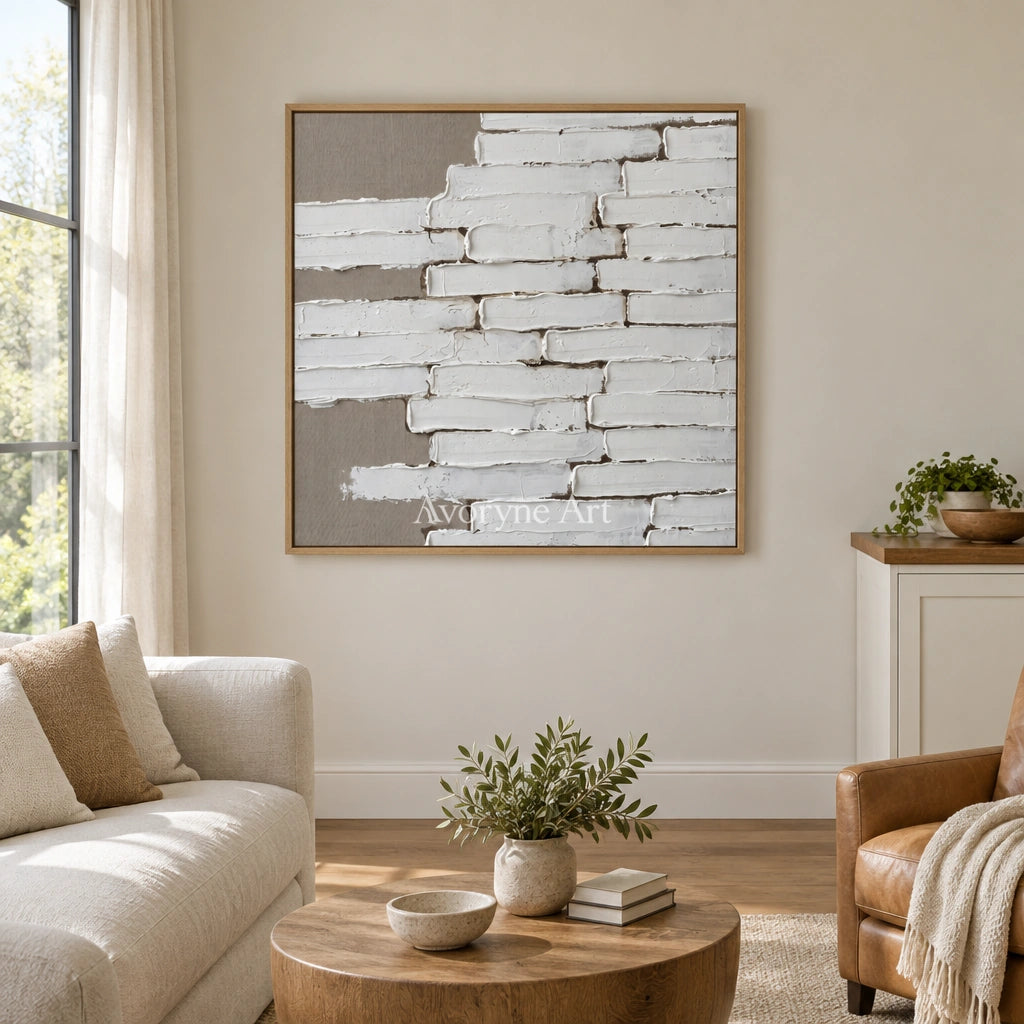 Misted Gesture neutral block relief wall art with a wood frame in a villa living space