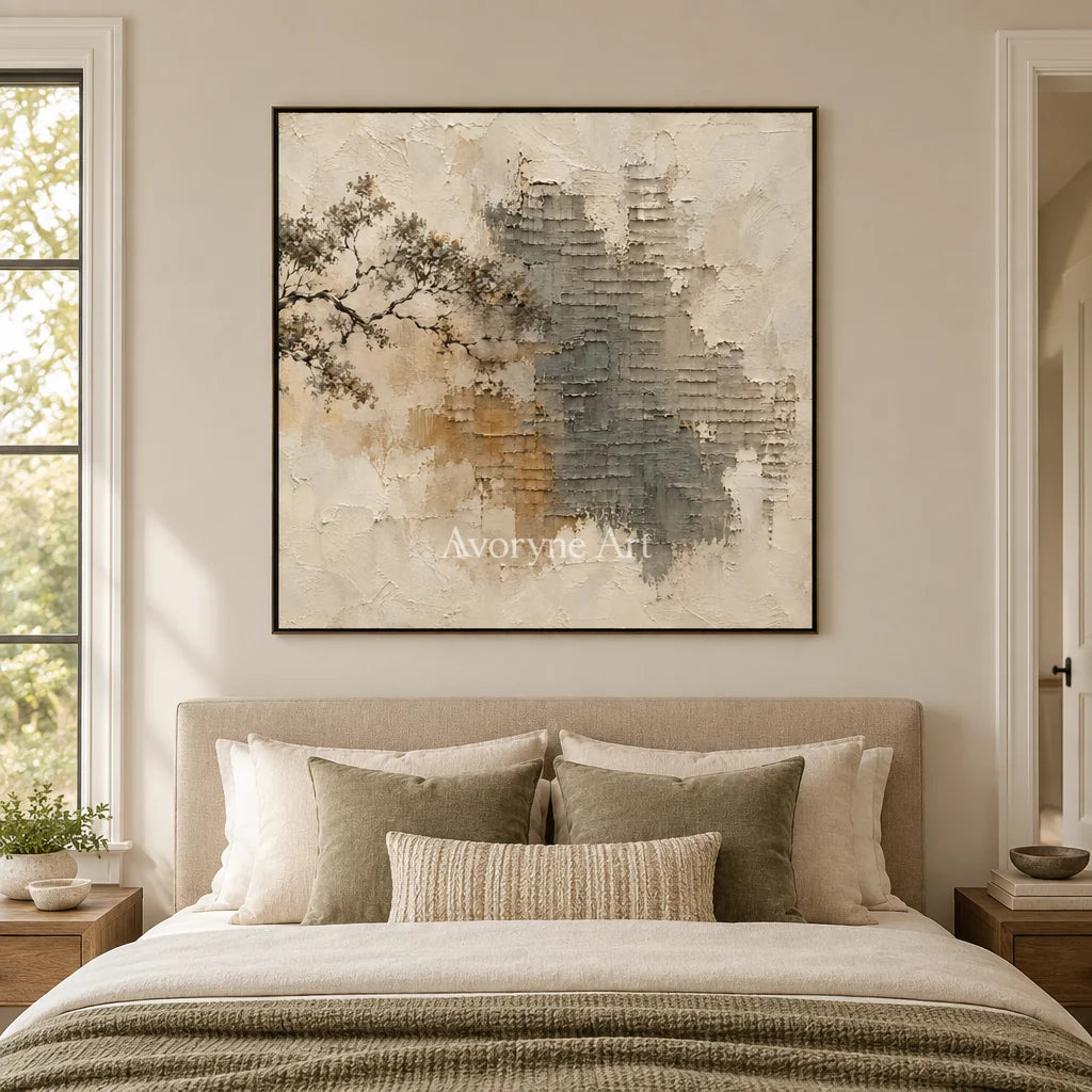 Branch and Stone: Neutral Branch Relief Wall Art — bedroom black