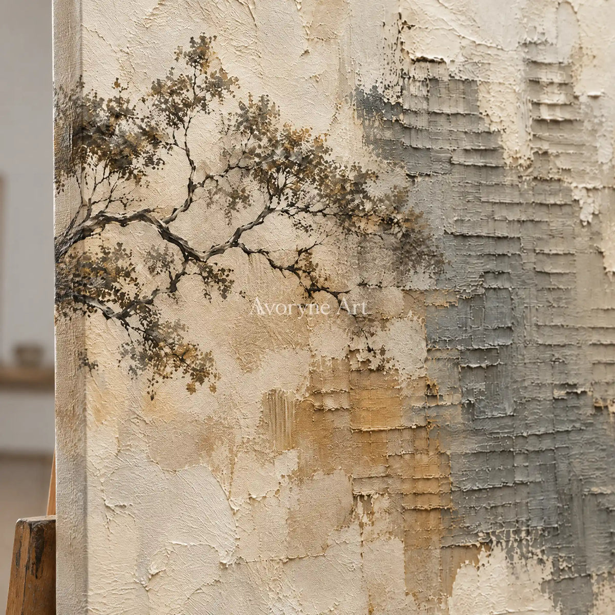 Branch and Stone: Neutral Branch Relief Wall Art — detail easel