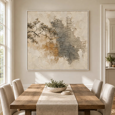 Branch and Stone: Neutral Branch Relief Wall Art — dining white