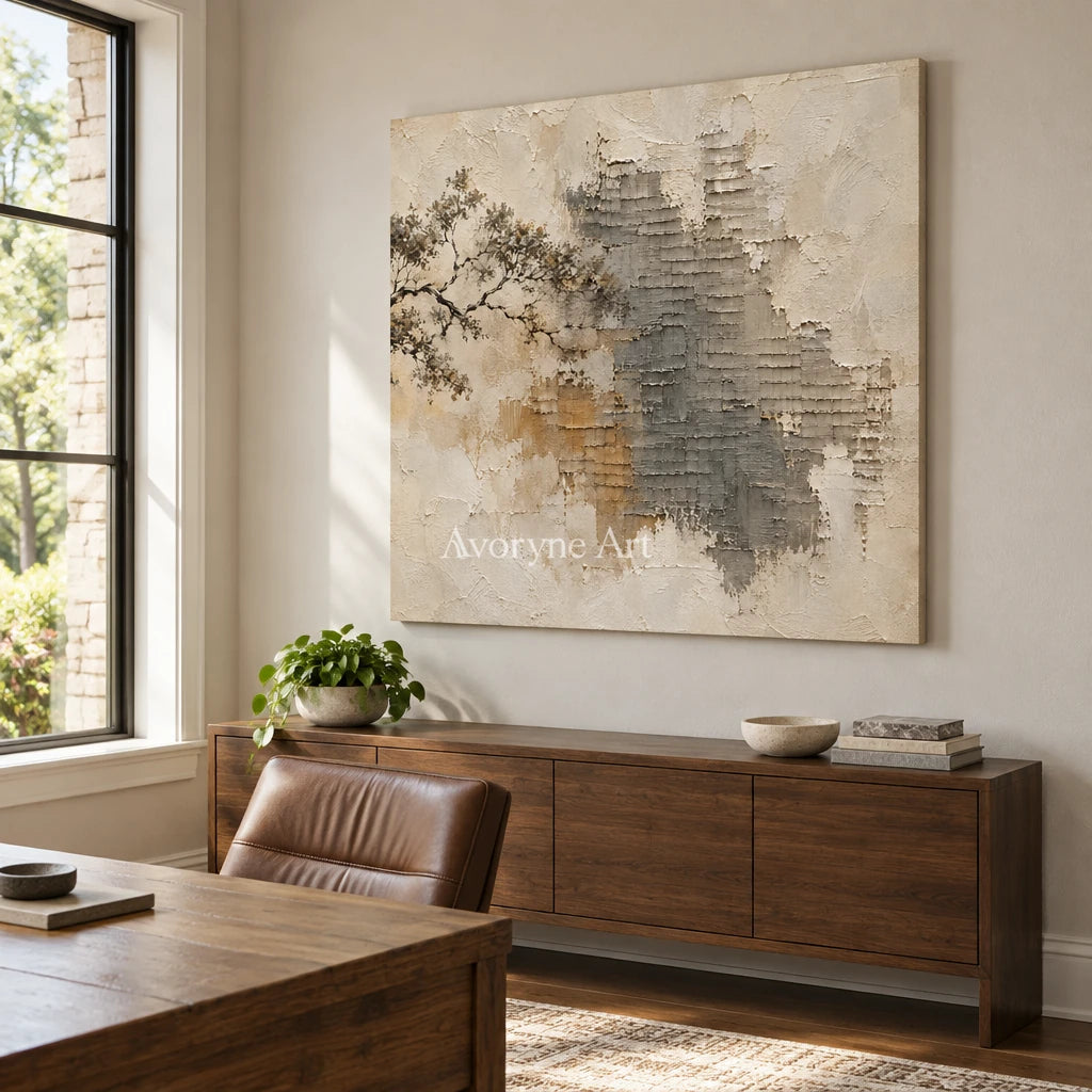 Branch and Stone: Neutral Branch Relief Wall Art — office frameless