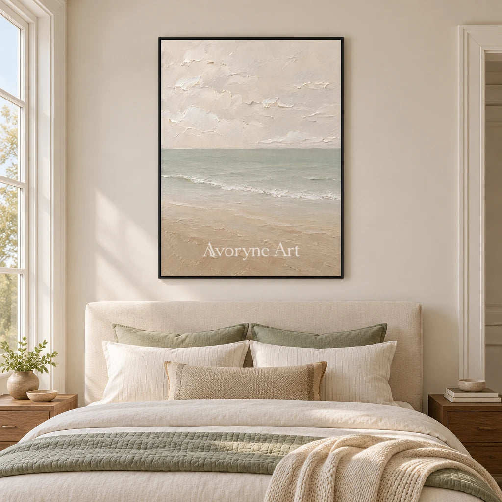 Muted Horizon: Neutral Coastal Landscape Wall Art — bedroom black