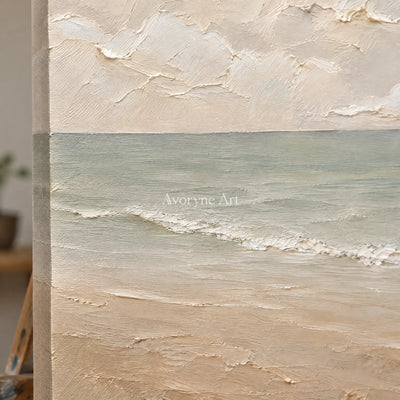 Muted Horizon: Neutral Coastal Landscape Wall Art — detail easel