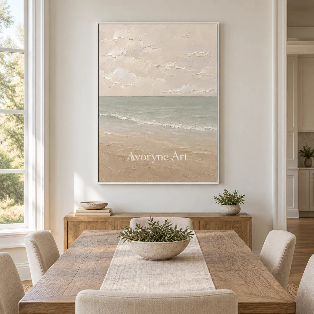 Muted Horizon: Neutral Coastal Landscape Wall Art — dining white