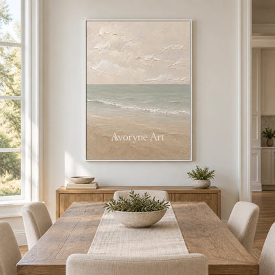 Muted Horizon: Neutral Coastal Landscape Wall Art — dining white