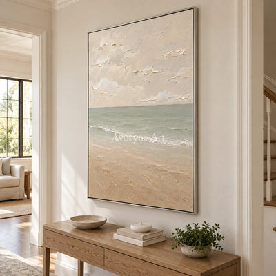 Muted Horizon: Neutral Coastal Landscape Wall Art — entry silver
