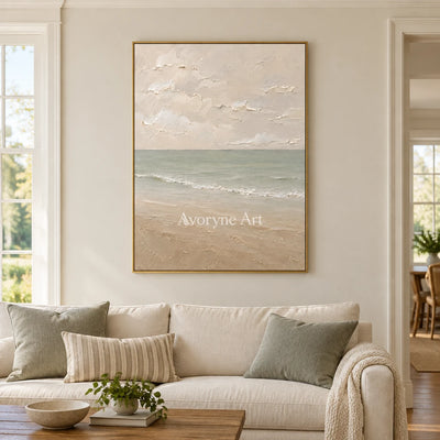 Muted Horizon: Neutral Coastal Landscape Wall Art — living gold