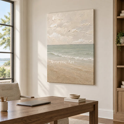 Muted Horizon: Neutral Coastal Landscape Wall Art — office frameless