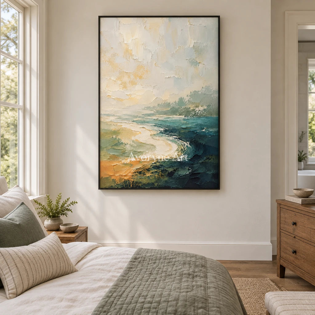 Shoreline Hush: Neutral Coastal Landscape Wall Art — bedroom black