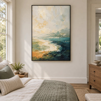 Shoreline Hush: Neutral Coastal Landscape Wall Art — bedroom black