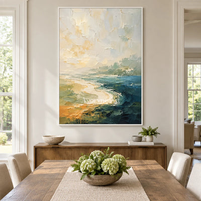 Shoreline Hush: Neutral Coastal Landscape Wall Art — dining white