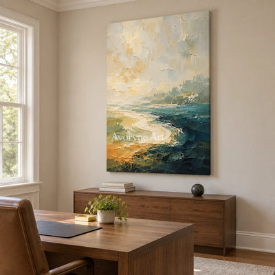 Shoreline Hush: Neutral Coastal Landscape Wall Art — office frameless