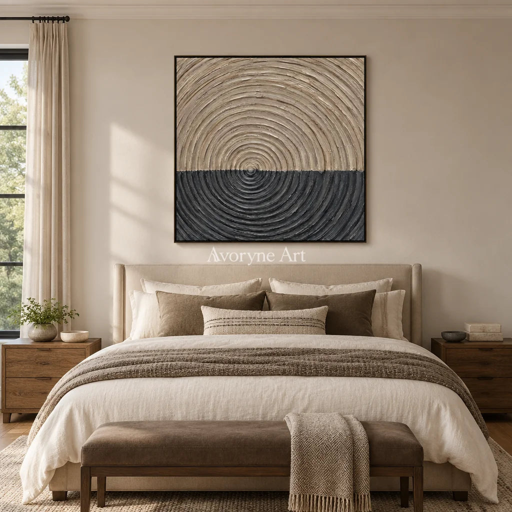 Orbit Ground: Neutral Concentric Relief Wall Art — bedroom black
