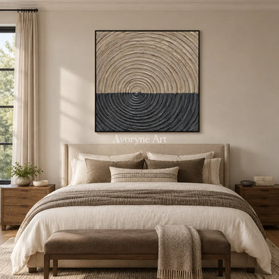 Orbit Ground: Neutral Concentric Relief Wall Art — bedroom black