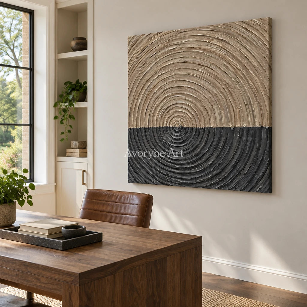 Orbit Ground: Neutral Concentric Relief Wall Art — office frameless