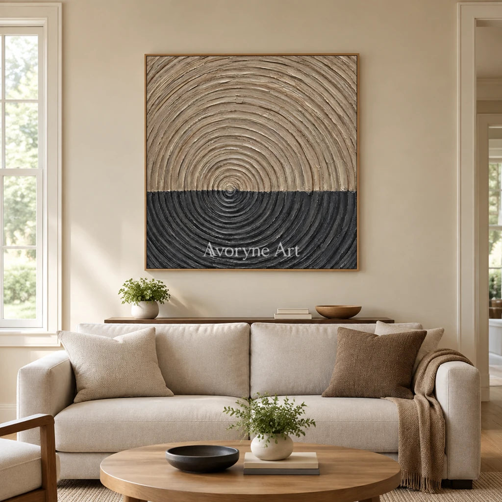 Orbit Ground: Neutral Concentric Relief Wall Art — villa wood