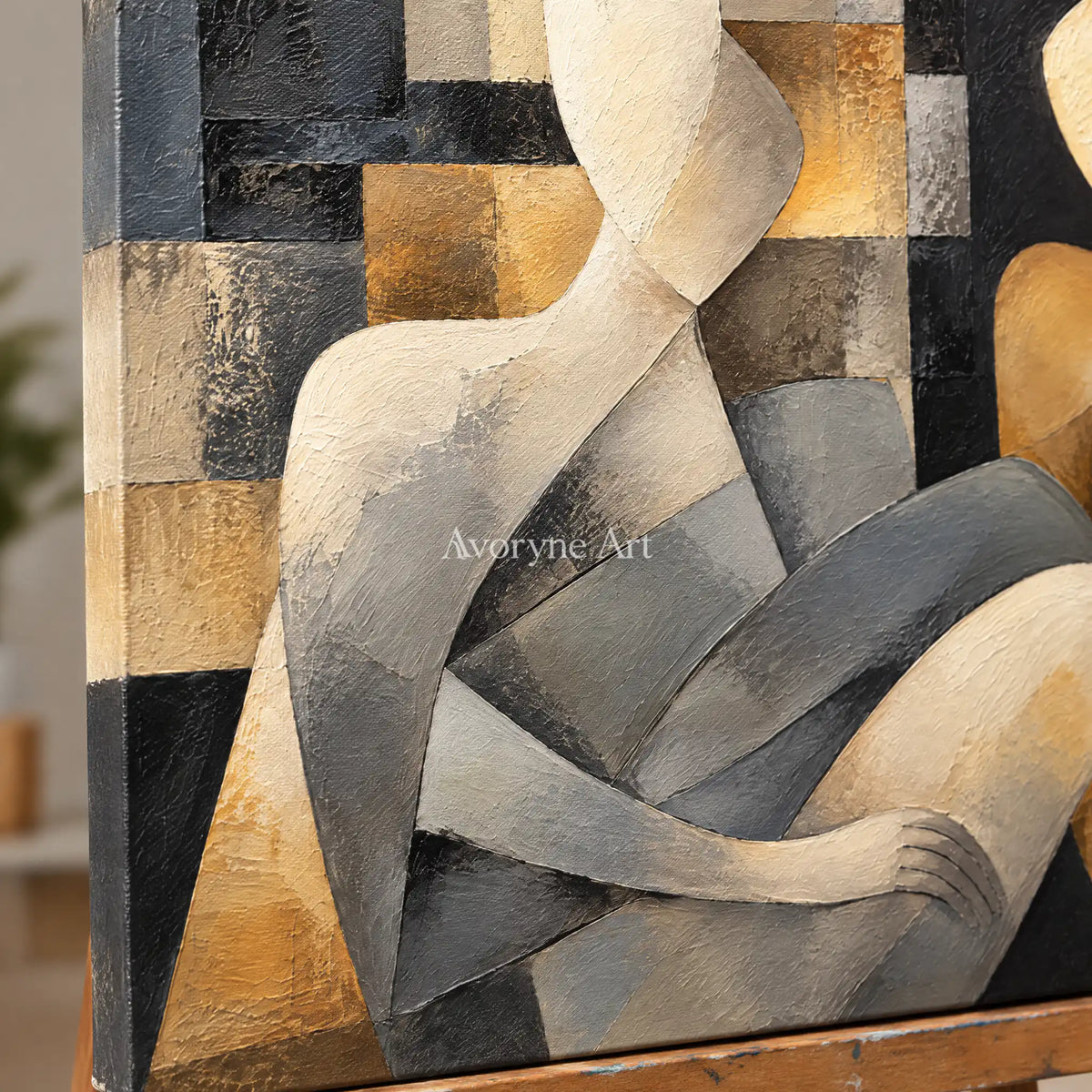 Quiet Company: Neutral Cubist Figure Wall Art — detail easel